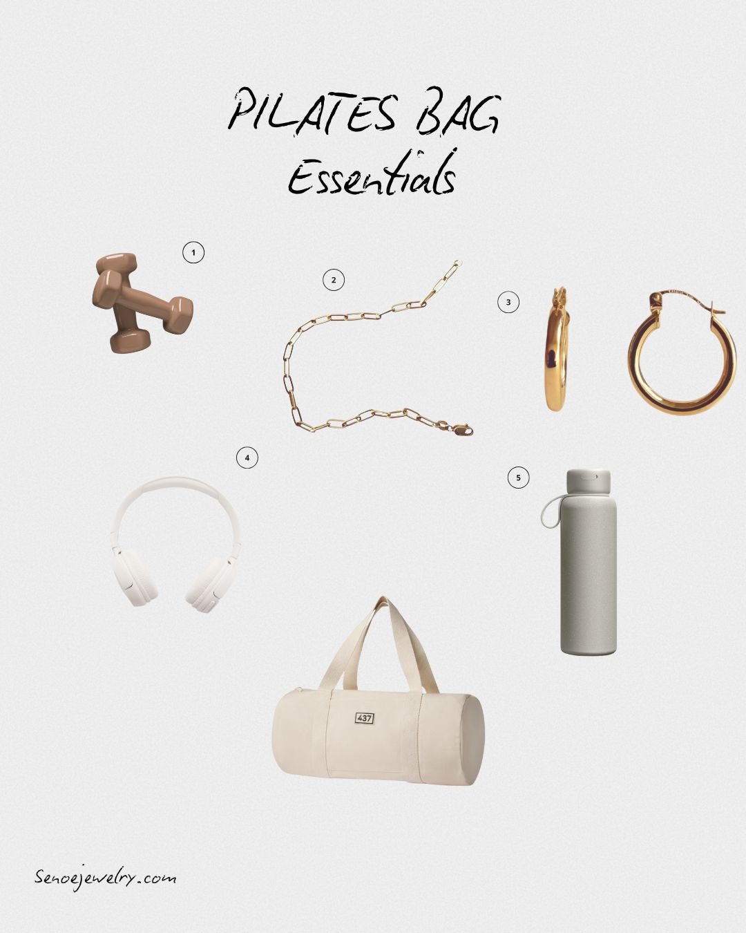 pilates bag essentials featuring senoe solid gold jewelry