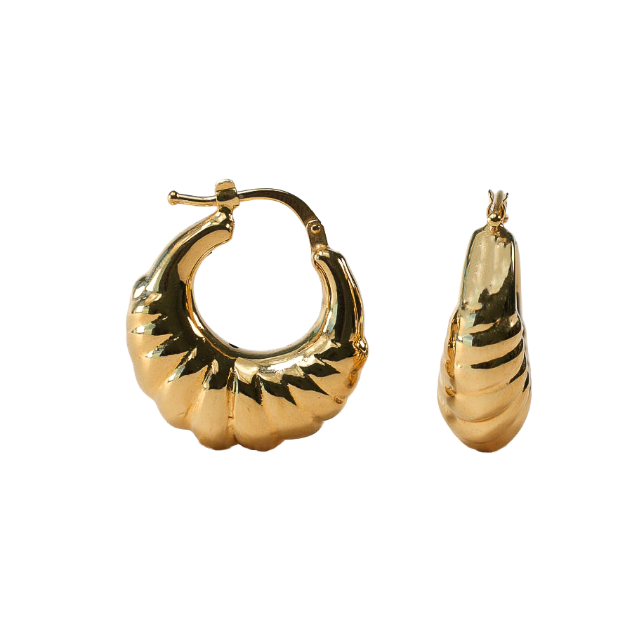 senoe ribbed hoop earrings in 14k yellow gold on a white background