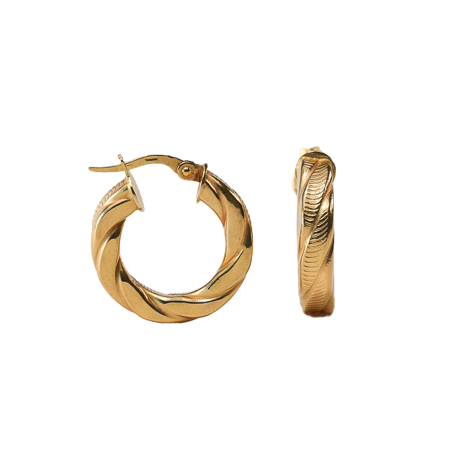 senoe twisted hoop earrings in 14k yellow gold on a white backgound 